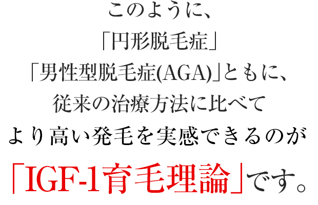 このように、「円形脱毛症」「男性型脱毛症(AGA)」ともに、従来の治療方法に比べてより高い効果が出ることが実証されているのが「IGF-1育毛理論」です。